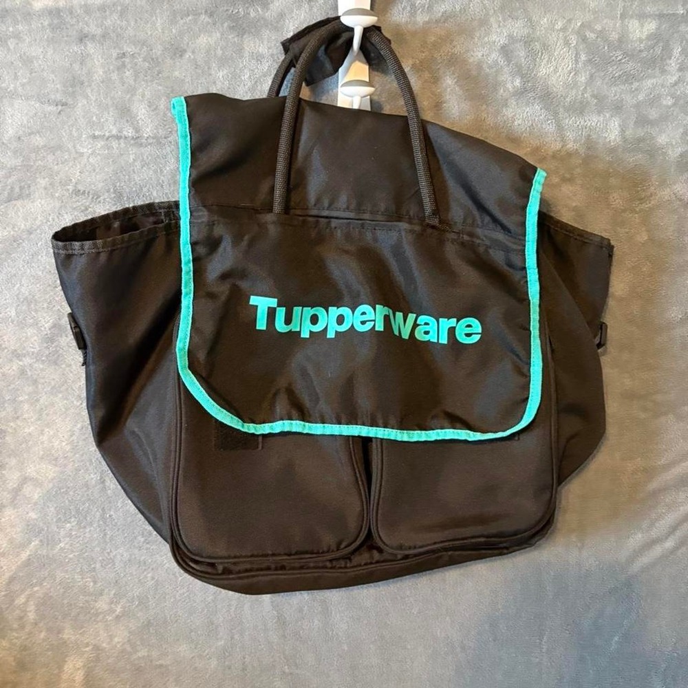 Tupperware Black Tote Bag Teal Trim Large Utility Carryall Travel Picnic Bag